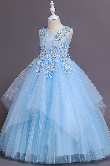 Robe de demoiselle d'honneur en tulle bleu clair avec Appliques